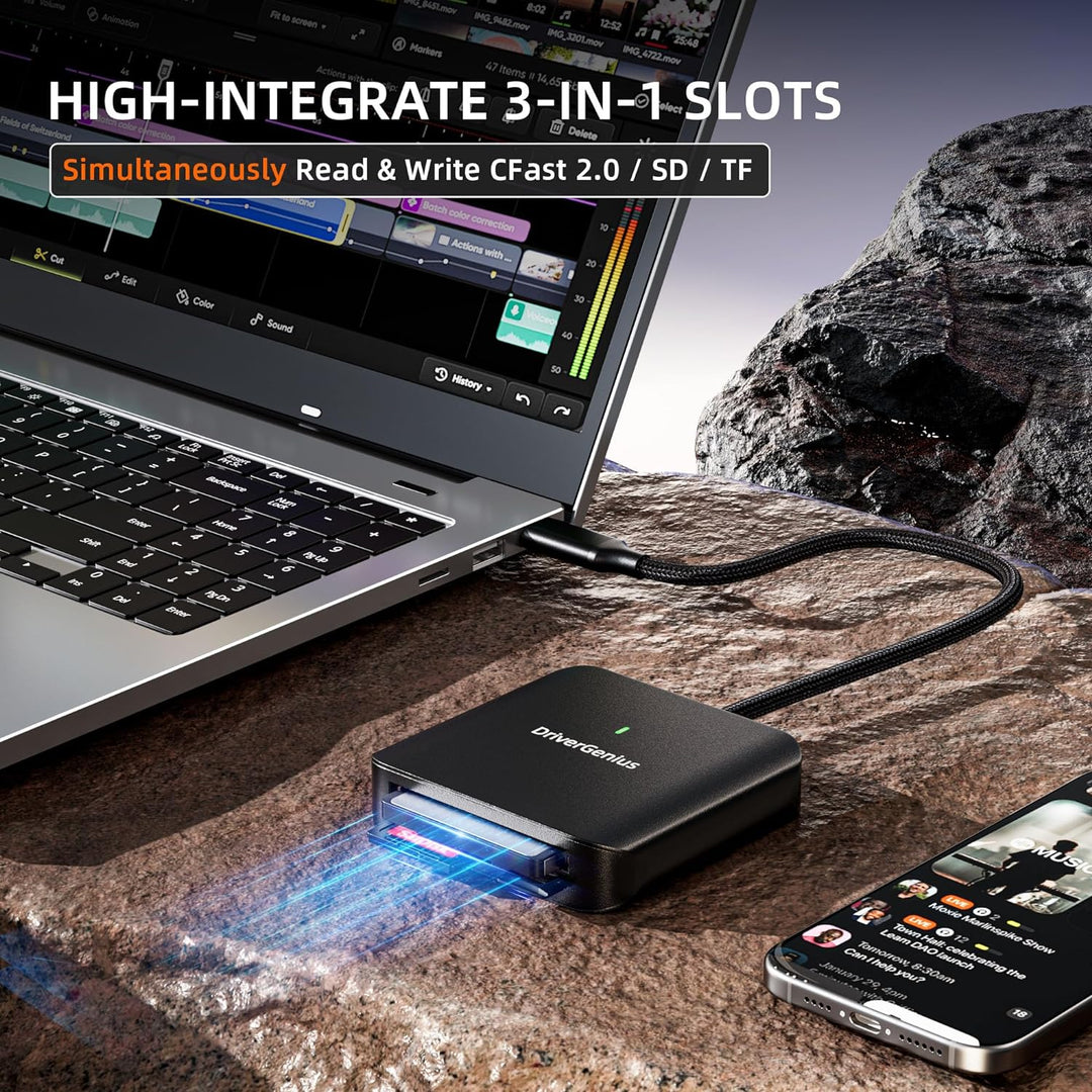 DriverGenius 3-in-1 USB-C CFast2.0 Kartenleser - mit UHS-II SD/microSD4.0-Slots, Kabellänge 30cm, HB