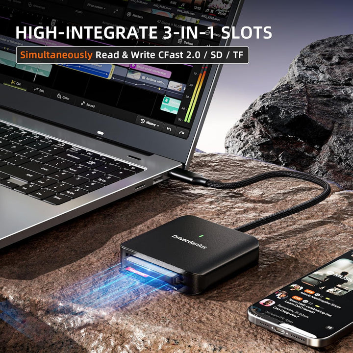 DriverGenius 3-in-1 USB-C CFast2.0 Kartenleser - mit UHS-II SD/microSD4.0-Slots, Kabellänge 30cm, HB