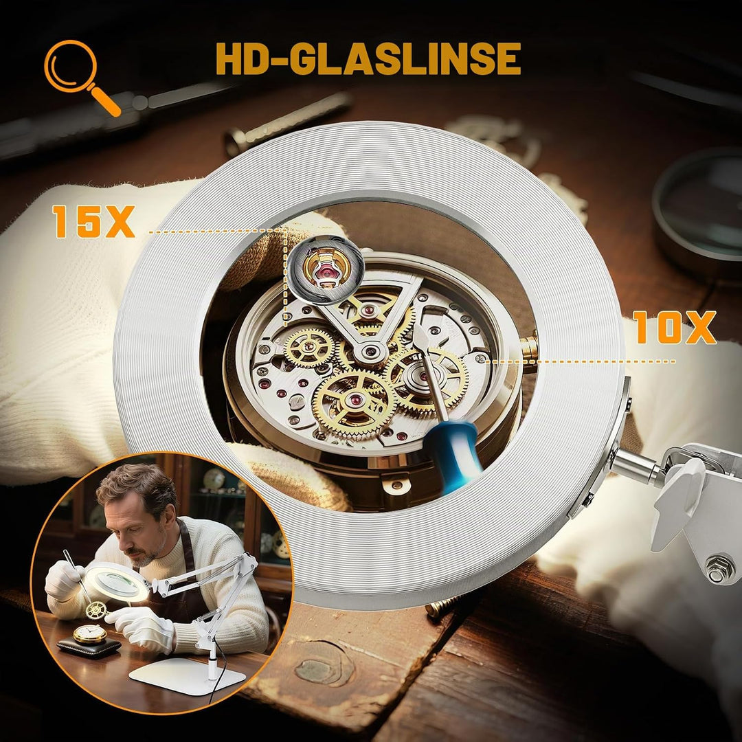 2-in-1 Lupe mit Licht und Ständer, Jubor 15X 10X LED Lupenleuchte mit Klemme und Basis, Schreibtisch