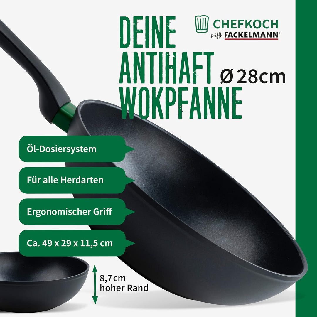 FACKELMANN Chefkoch Wokpfanne Ø28 cm Hamburg mit Antihaft-Beschichtung – Wok aus Aluminium: Extra le