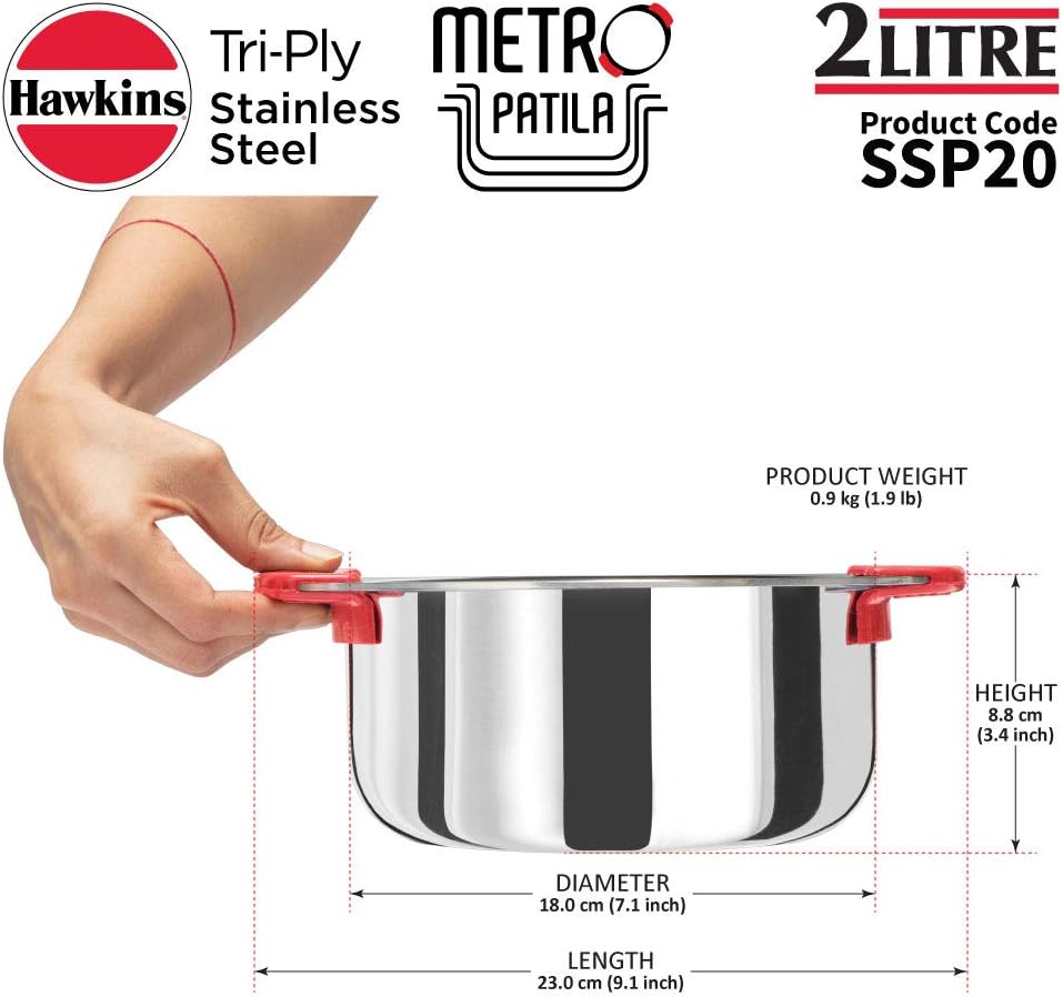 Hawkins Metro Patila SSP20, dreilagig, Edelstahl, Induktionsgeeignet, 2 l 2 Litre Silber, 2 Liter Si