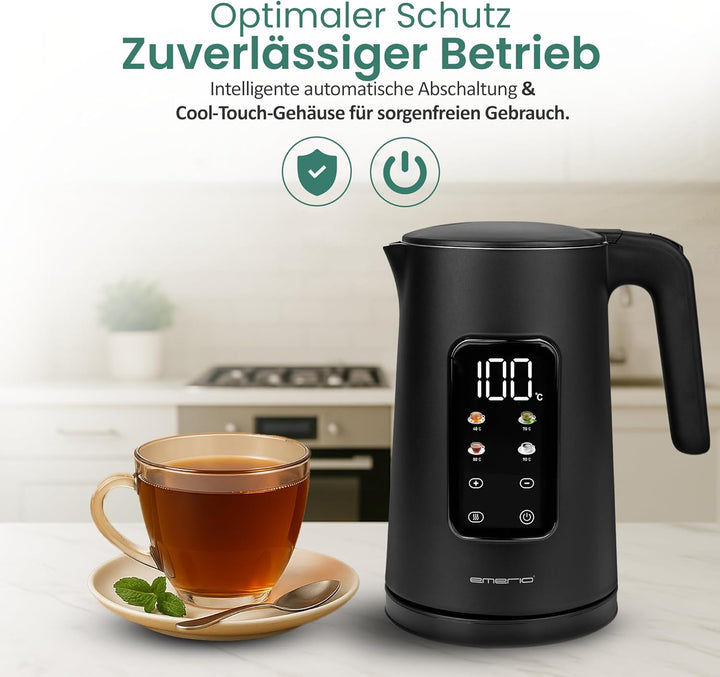 EMERIO Wasserkocher Edelstahl 1.7L | isolierte Doppelwand | Temperaturwahl 40-100°C in 5°C Schritten