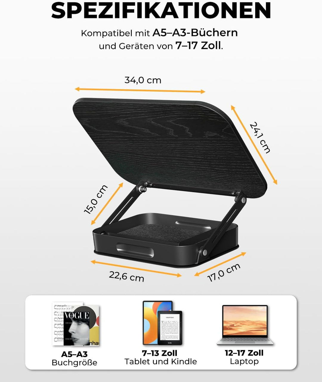 SupeDesk Buchständer Holz mit praktischem Stauraum, 360° drehbarer Buchhalter Leseständer, höhenvers