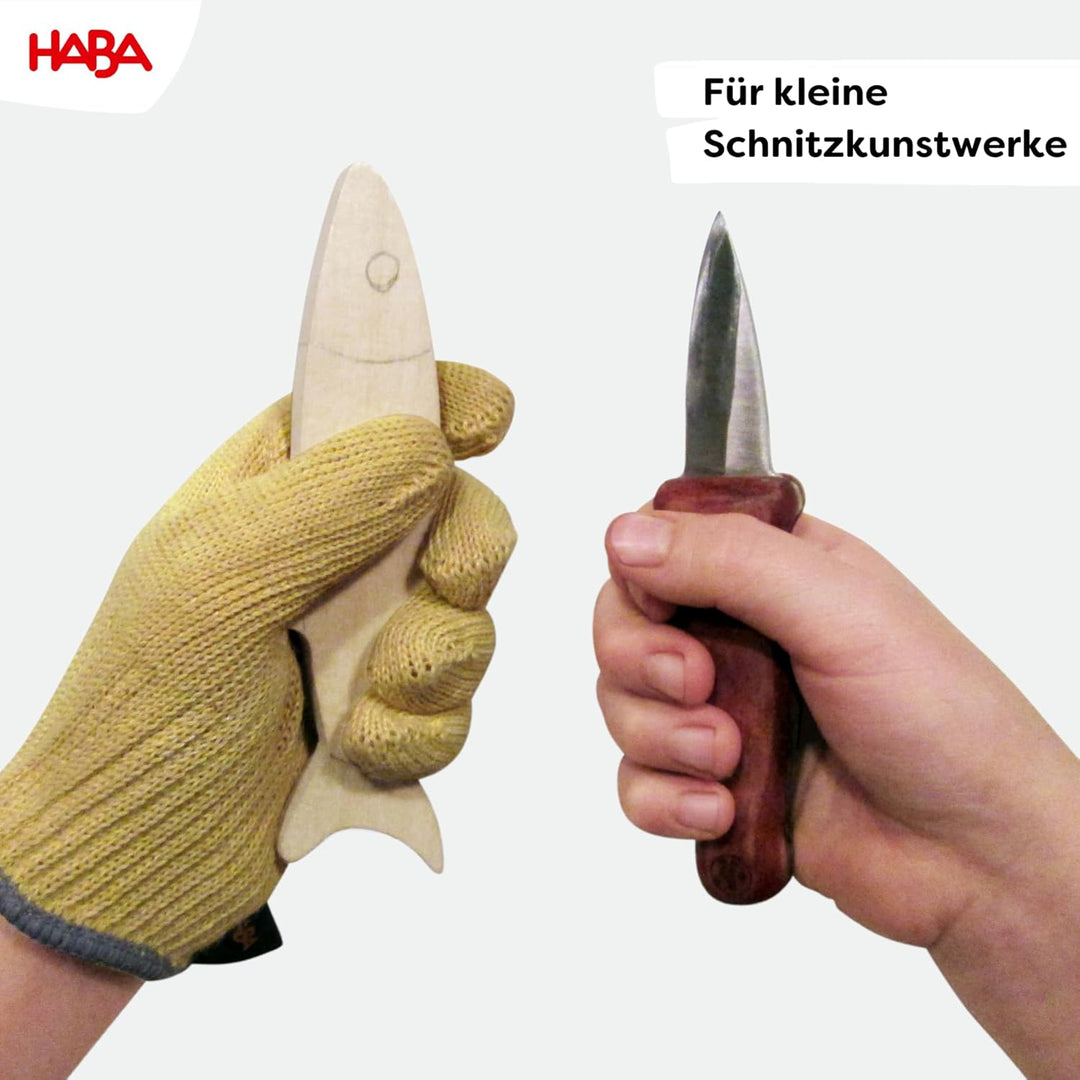 HABA Terra Kids Schnitzmesser – Taschenmesser-Set für Kinder ab 6 Jahren – inkl. Handschuhen, Schnit