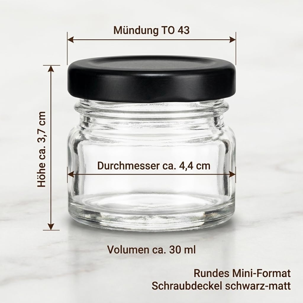 gouveo 48er Set Einmachgläser 30 ml (0,03 l) Mini mit Schraubverschluss schwarz-matt – Runde Mini Vo