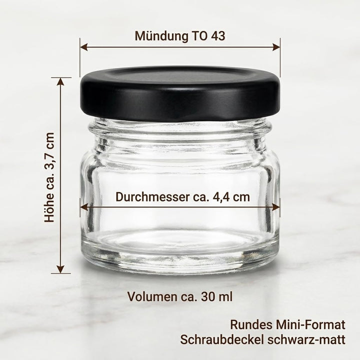 gouveo 48er Set Einmachgläser 30 ml (0,03 l) Mini mit Schraubverschluss schwarz-matt – Runde Mini Vo