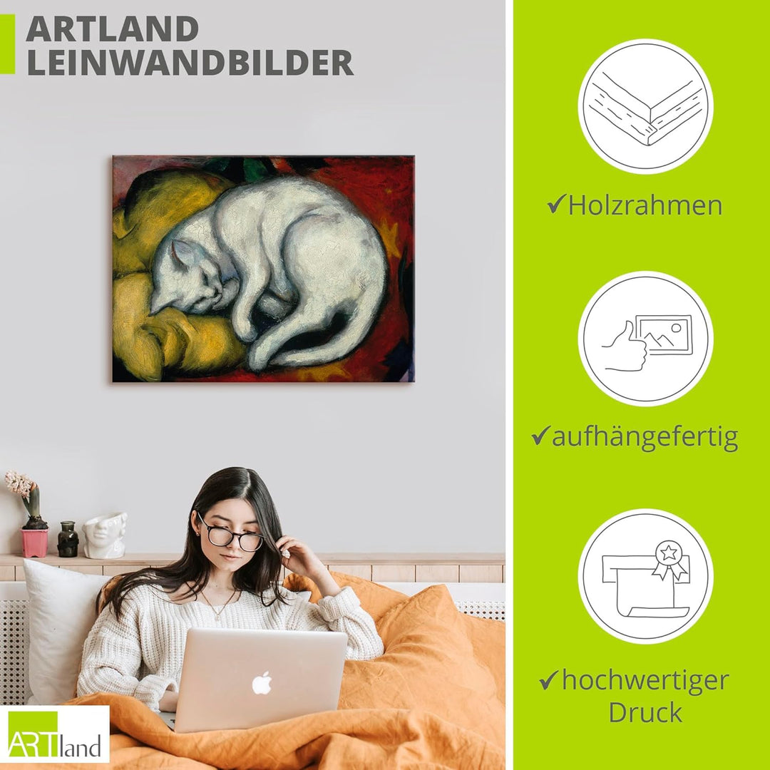 ARTland Leinwandbild Wandbild Bild auf Leinwand 80x60 cm Wanddeko Haustier Katzenbett Die weisse Kat