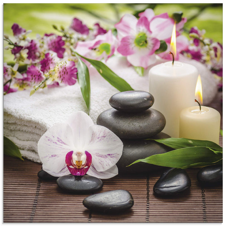 ARTland Glasbilder Wandbild Glas Bild einteilig 40x40 cm Quadratisch Wellness Zen Steine Spa Orchide