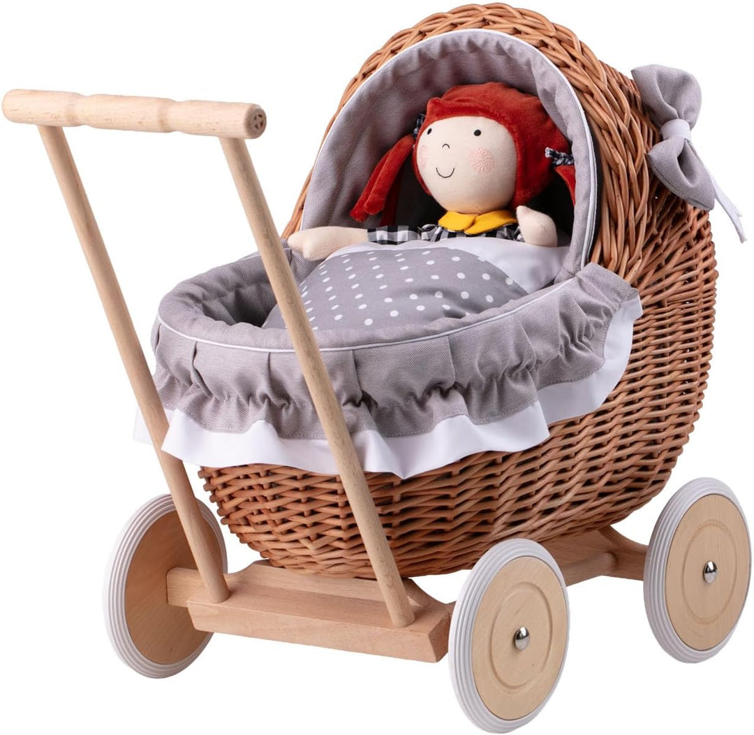e-wicker24 Alles aus Weide Puppenwagen aus Weide mit Bettwäsche perfekte Geschenkidee Korbpuppenwage
