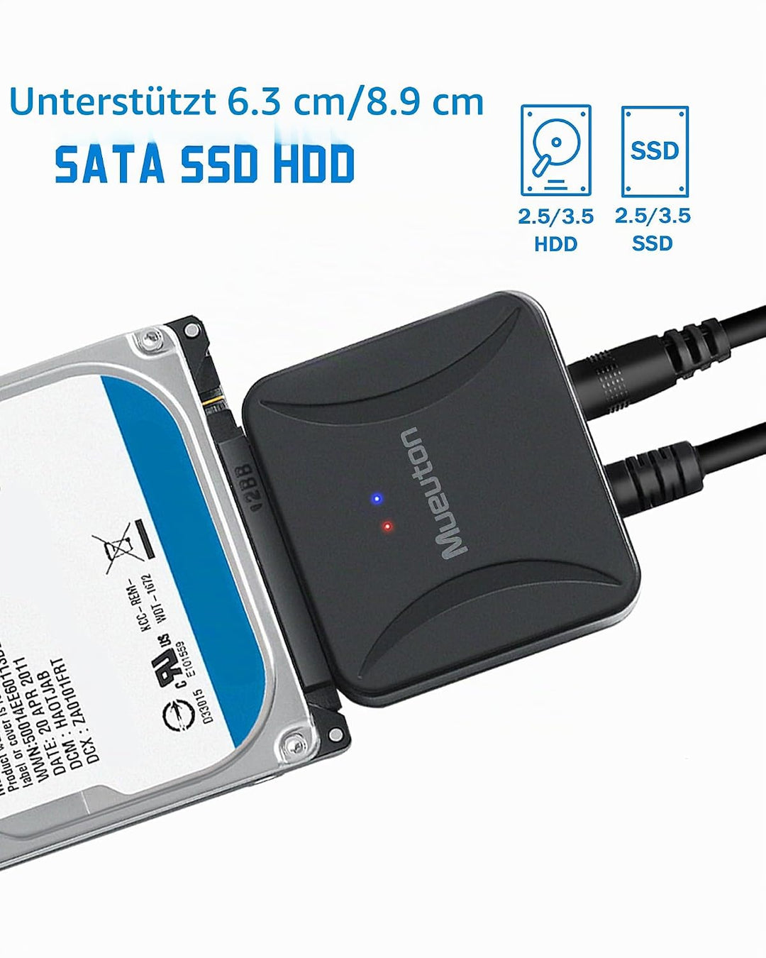Mueuton SATA USB Adapter, USB 3.0 auf SATA III Festplattenadapter für 2,5 Zoll / 3,5 Zoll HDD/SSD Fe