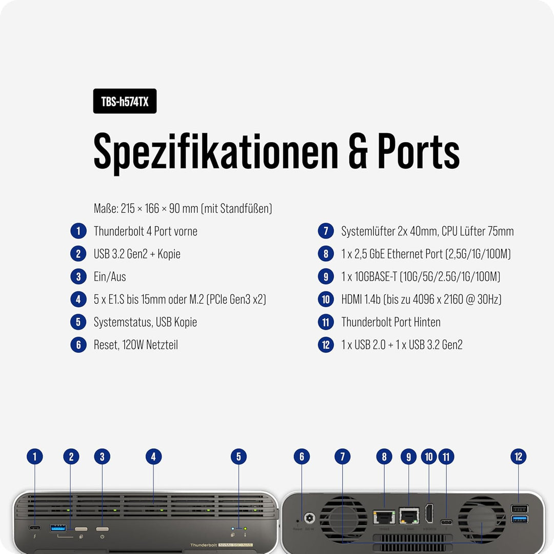 Qnap TBS-h574TX-i3-12G Thunderbolt Compact All-Flash | 5 x E1.S or M.2 SSD's, Intel Core i3-1320PE (