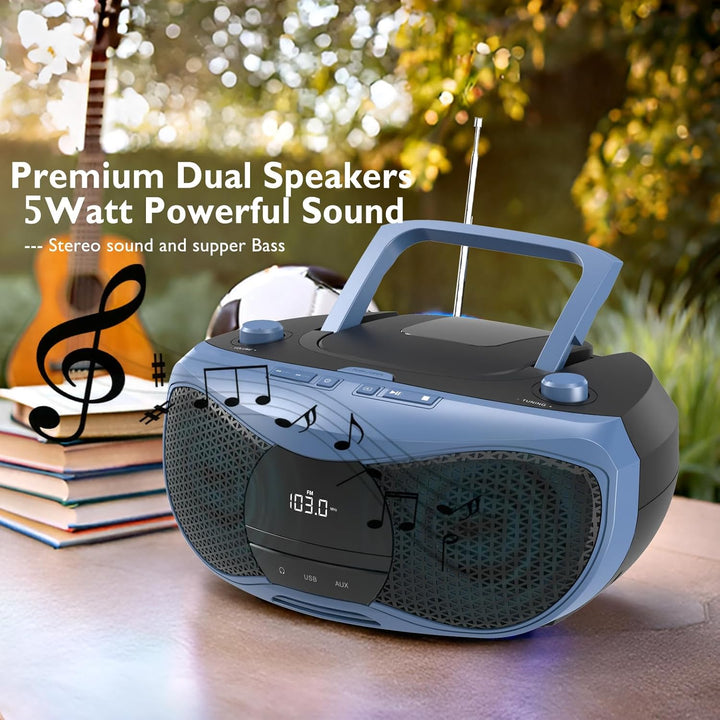 LONPOO Tragbarer CD-Player | Stereo Bluetooth Boombox | FM Radio-Drehknopf | Auto-Deckel-Öffnen-Knop