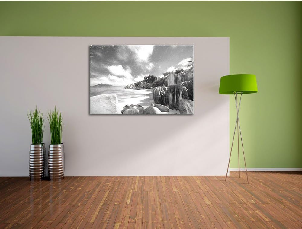 Pixxprint Seychellen Strand Kunst / 100x70cm Leinwandbild bespannt auf Holzrahmen/Wandbild Kunstdruc
