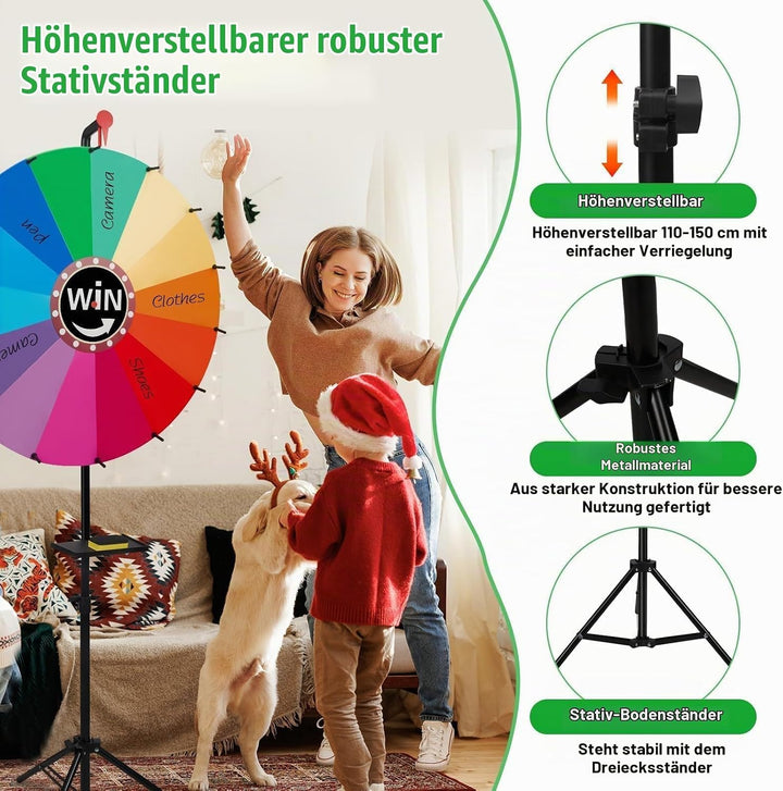 60 cm grosses Glücksrad mit Stifthalter, höhenverstellbares Glücksrad für Lotteriespiele, Wortspiele