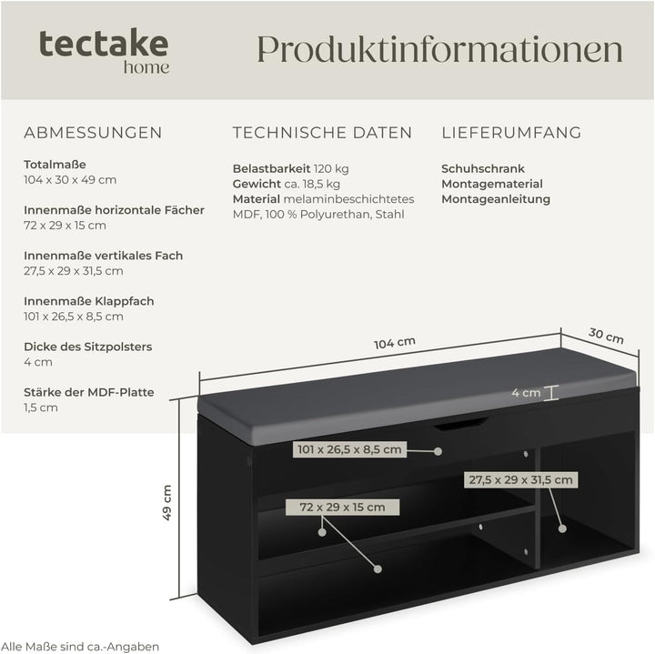 tectake® Sitzbank mit Stauraum, Schuhregal mit Sitzbank, 104 x 30 x 49 cm, Hocker mit Stauraum & Sch