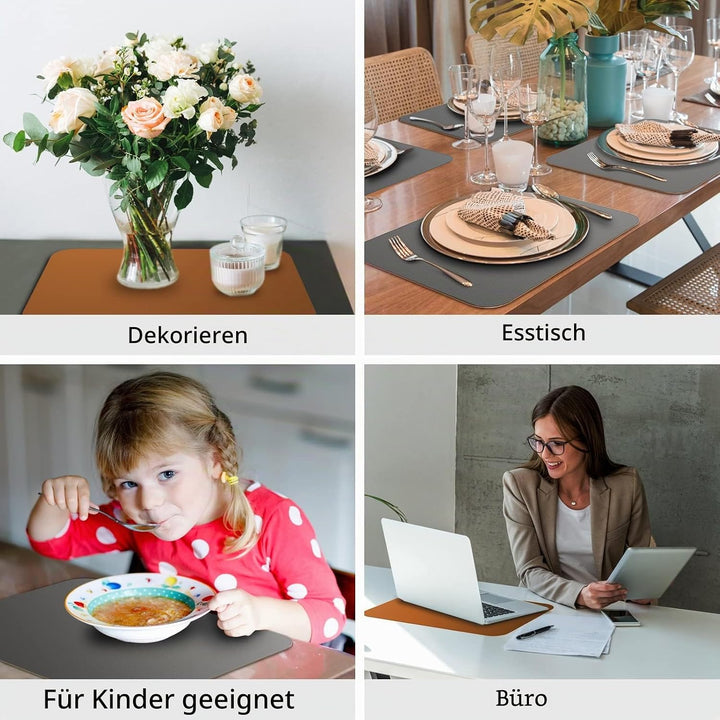 Tischsets Abwaschbar,6er Set Zweifarbig Platzset mit Untersetzer,Abwischbar Platzsets,Tischset Leder
