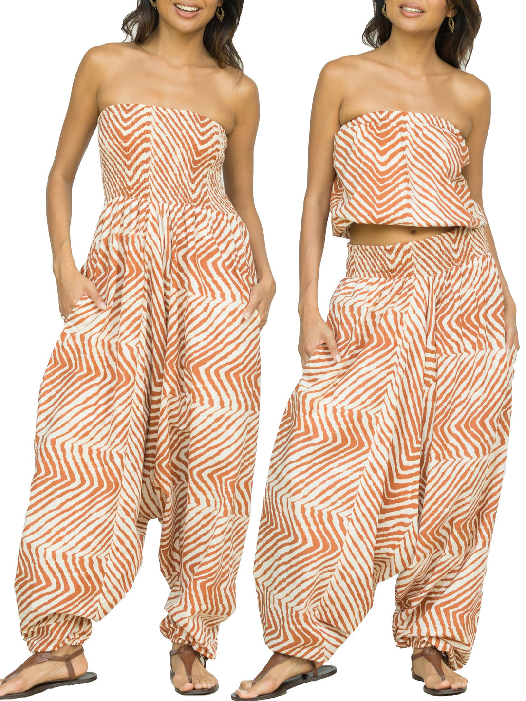 likemary Jumpsuit Damen Sommer & Bedruckter Baumwoll Haremshose mit Taschen – 2-in-1 Trägerloser Ein