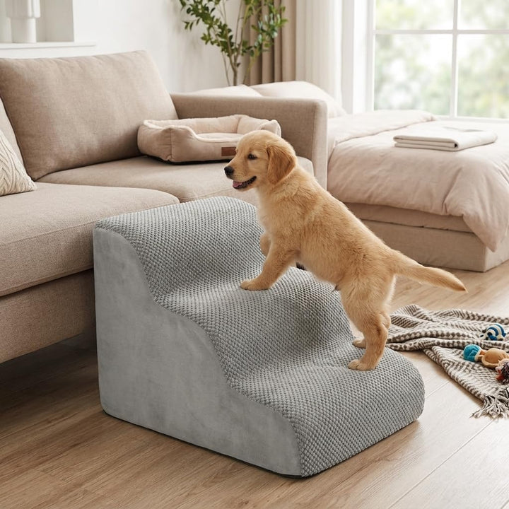 QWORK® Graue Hundetreppe, 3-Stufig, 60x40x40cm, Hochdichtem Schwamm, Abnehmbarem Waschbaren Hundetre