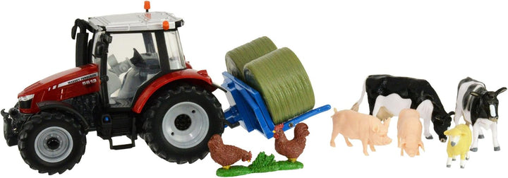 Massey Fergusson 5612 Traktor Spielset, Britains Modell Spielzeug Traktor mit Anhänger und 5 Tieren