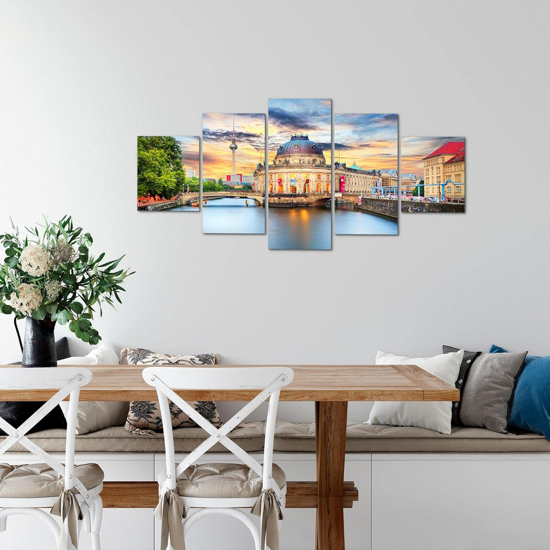 Runa Art Wandbilder Berlin 5 Teilig Bild auf Vlies Leinwand Deko Wohnzimmer Büro Städte Blau Bunt 03