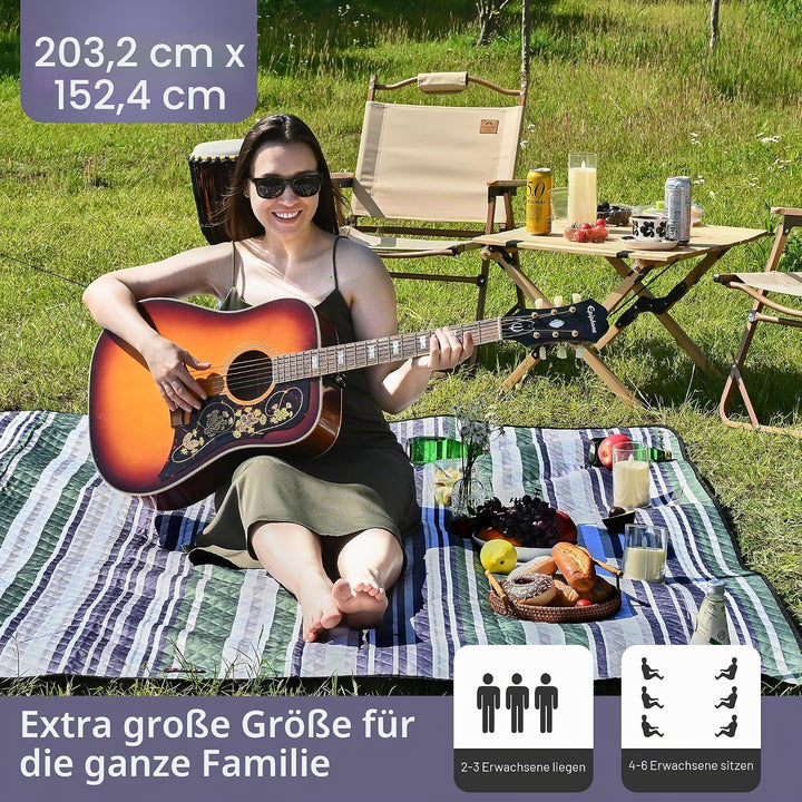 HX&OD Outdoor-Picknickdecke, extra gross, 203 x 152 cm, wasserdichte Picknickmatte mit Heringen, fal