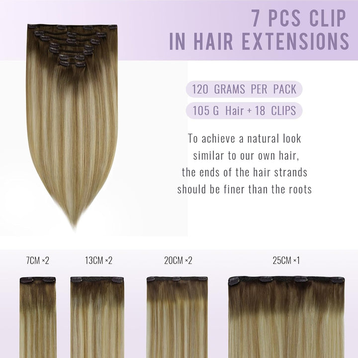 Fshine Clip in Echthaar Extensions Balazage Blond Voller Kopf Doppelt Tressen Haarverlängerung Clips