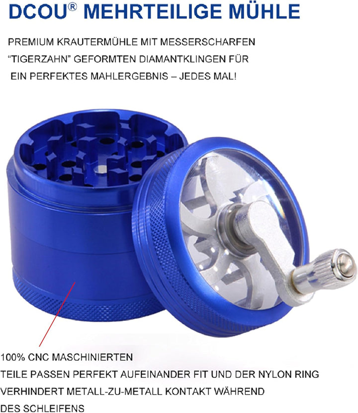 DCOU Handkurbel Premium Mühle unzerbrechlich CNC Aluminium Metall Mahler Schleifer 4 Teile Ø55mm Bla