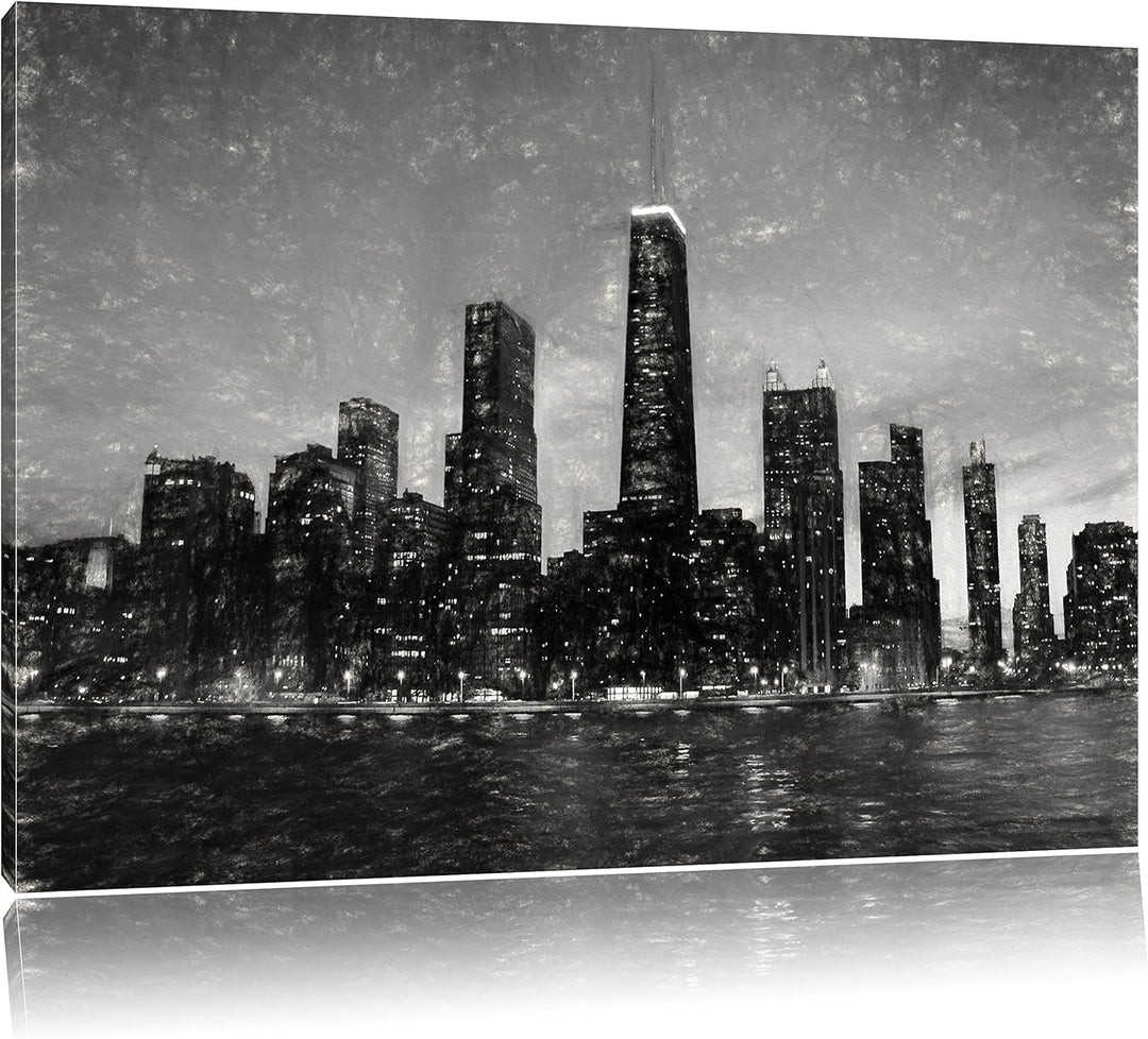 Pixxprint Chicago-Wolkenkratzer-Silhouette als Leinwandbild/Grösse: 100x70 cm/Wandbild/Kunstdruck/fe