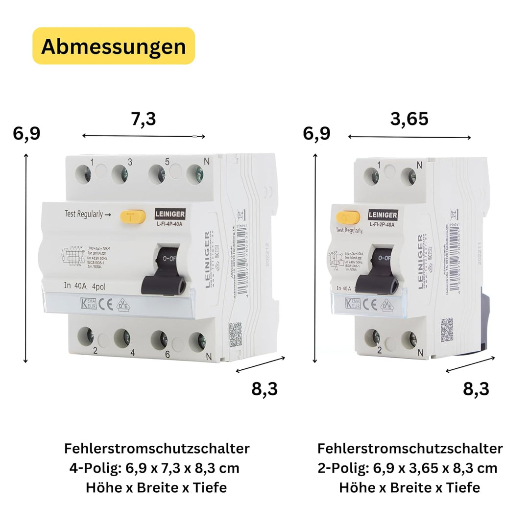 LEINIGER/Fehlerstromschutzschalter/Fehlerstrom-Schutzschalter/FI-Schalter/RCD / 2-Polig / 4-Polig /