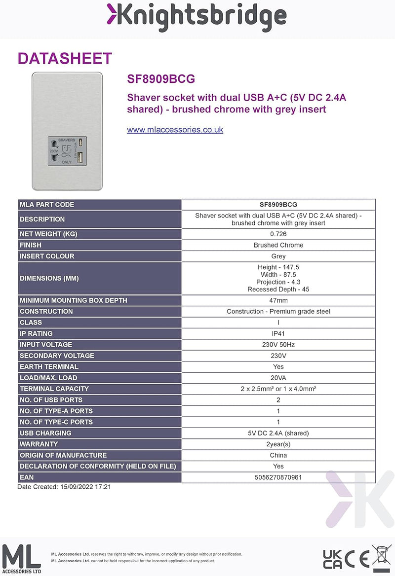 Knightsbridge Schraubenlose Rasiersteckdose mit Dual USB A + C (5 V DC 2,4 A geteilt) – gebürstetes