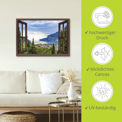 ARTland Leinwandbilder Wandbild Bild Leinwand 70x50 cm Querformat Fensterblick Gardasee Landschaft S