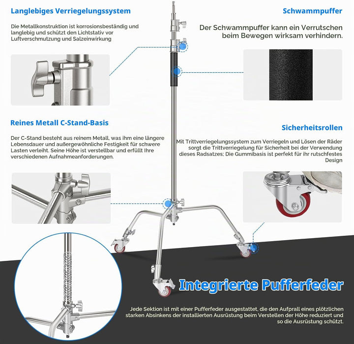 NEEWER Pro 100% Metall C Ständer Lichtständer mit Rädern, max. Höhe 330 cm Verstellbarer Reflektorst