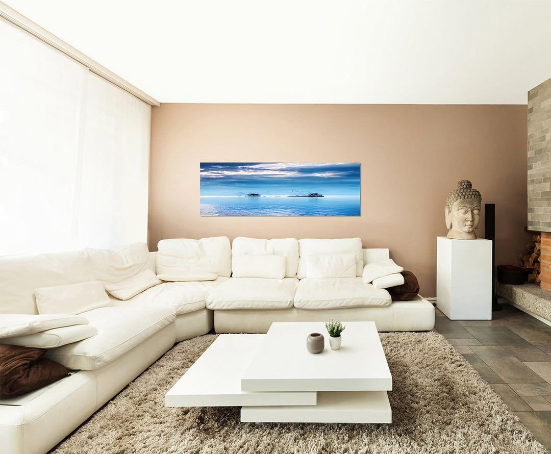 Paul Sinus Art Panoramabild auf Leinwand und Keilrahmen 150x50cm Italien Meer Fischerhäuschen Wolken