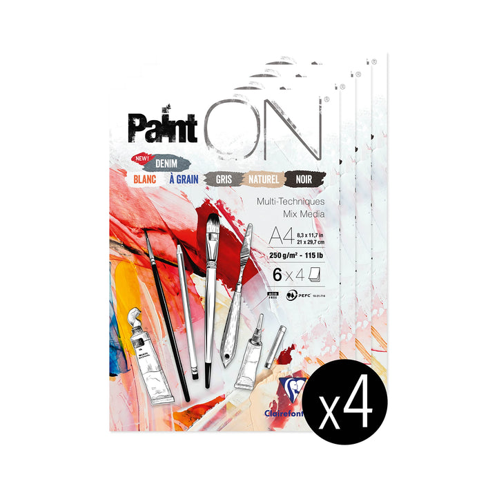 Clairefontaine 975410C - Packung mit 4 Blöcken Paint´ON DIN A4, kopfseitig geleimt, 24 Blatt, 250g,