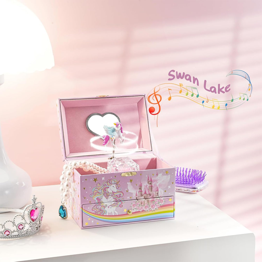 ProCase Kinder Musik Box Schmuckkästchen mit Spieluhr Einhorn & Konservierte Blumen, Schmuckschatull