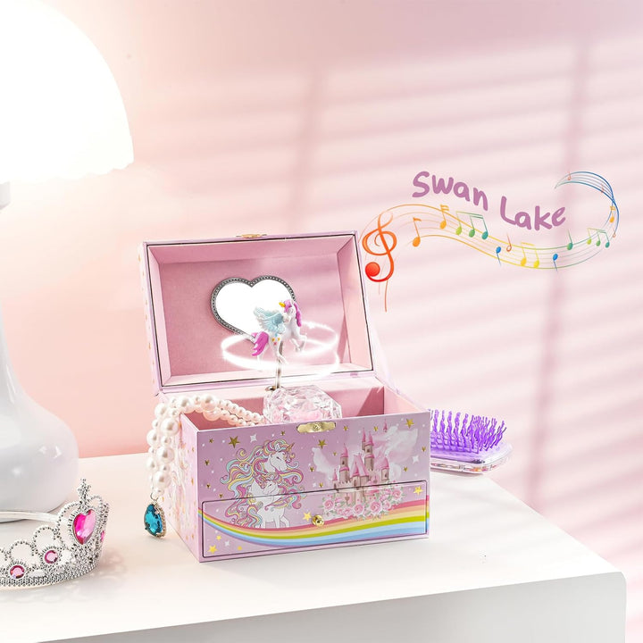 ProCase Kinder Musik Box Schmuckkästchen mit Spieluhr Einhorn & Konservierte Blumen, Schmuckschatull