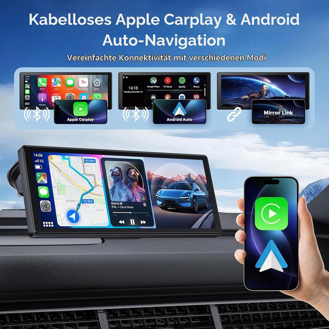 8.88 Zoll CarPlay Display für Apple CarPlay &amp; Android Auto mit 4K Frontkamera &amp; 1080P HD Rückfahrkam