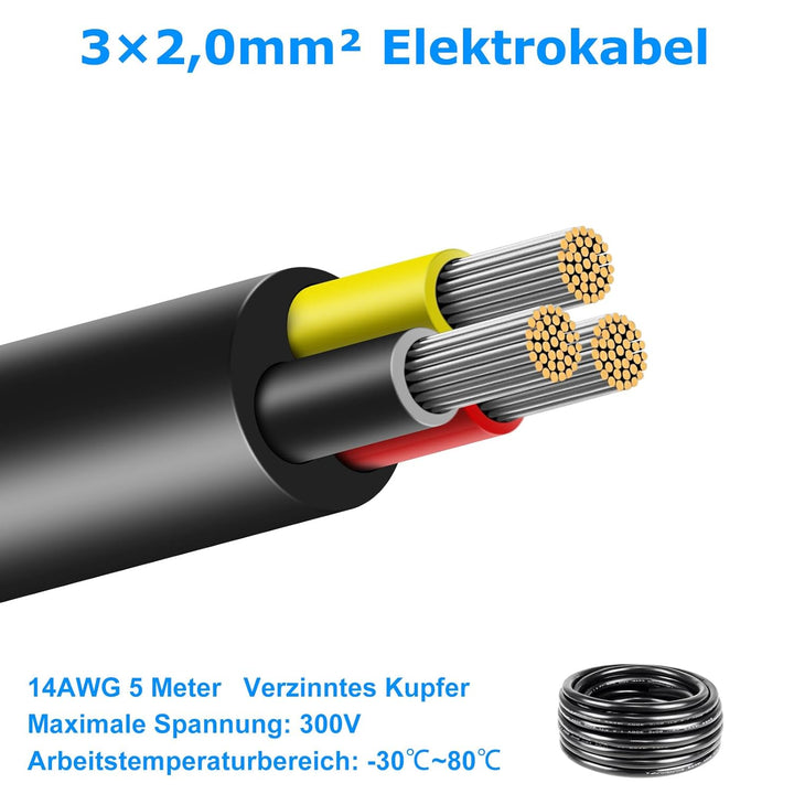 5 Meter 14AWG 3x2,0mm² Elektrischer Kabel, 3 Adriges Kabel 5V/12V/24V/300V Stromkabel Verzinntes Kup