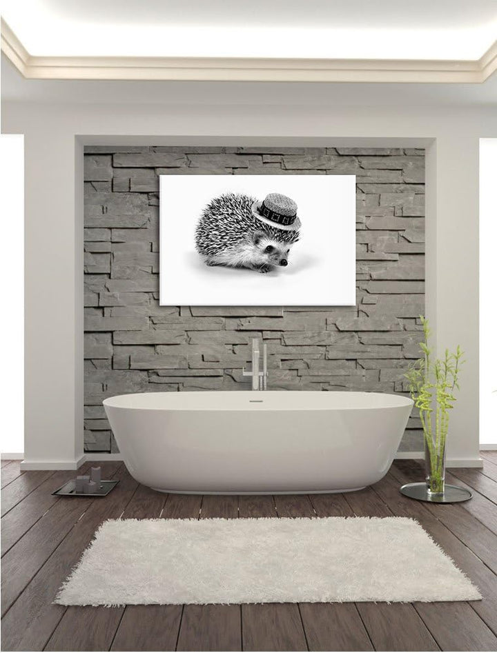 Pixxprint Monocrome, Lustiger Igel mit Hut, Format: 100x70 auf Leinwand, riesige Bilder fertig gerah