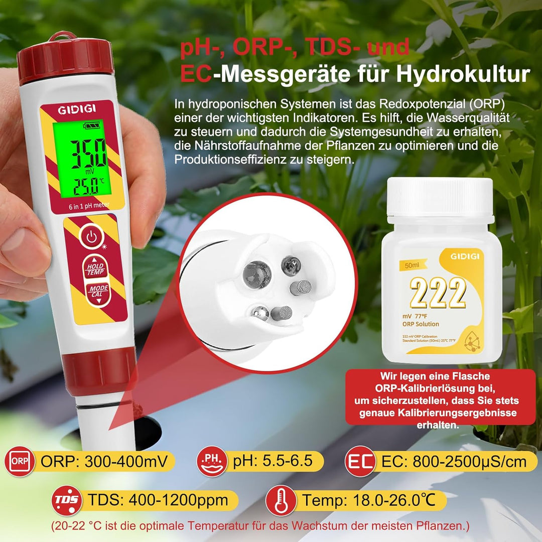 6-in-1 Digitaler Wasserqualitätstester für Pools und Hydrokulturen, pH/ORP/TDS/EC/Salzgehalt/Tempera