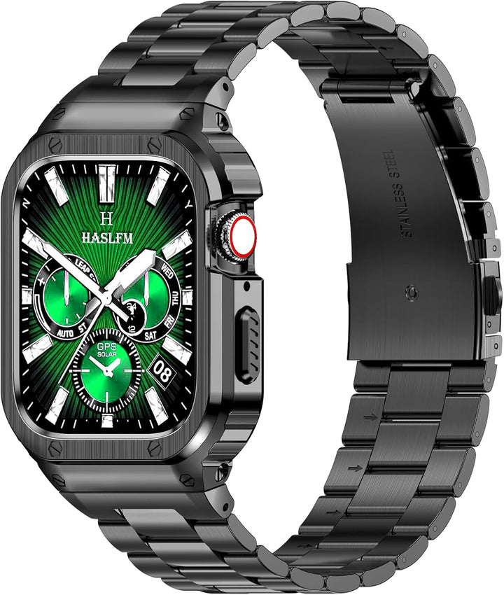 HASLFM Edelstahl Apple Watch Armband mit Gehäuse Kompatibel mit Apple Watch Series 9/8/7(45mm),Robus