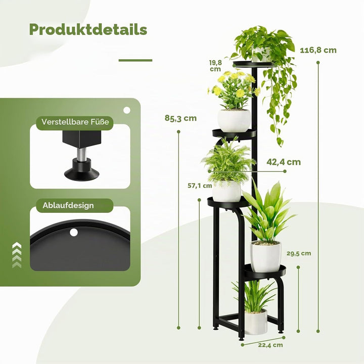 Bamworld Hoher Pflanzenständer für drinnen und draussen, Eck-Blumentopfständer aus Metall für mehrer