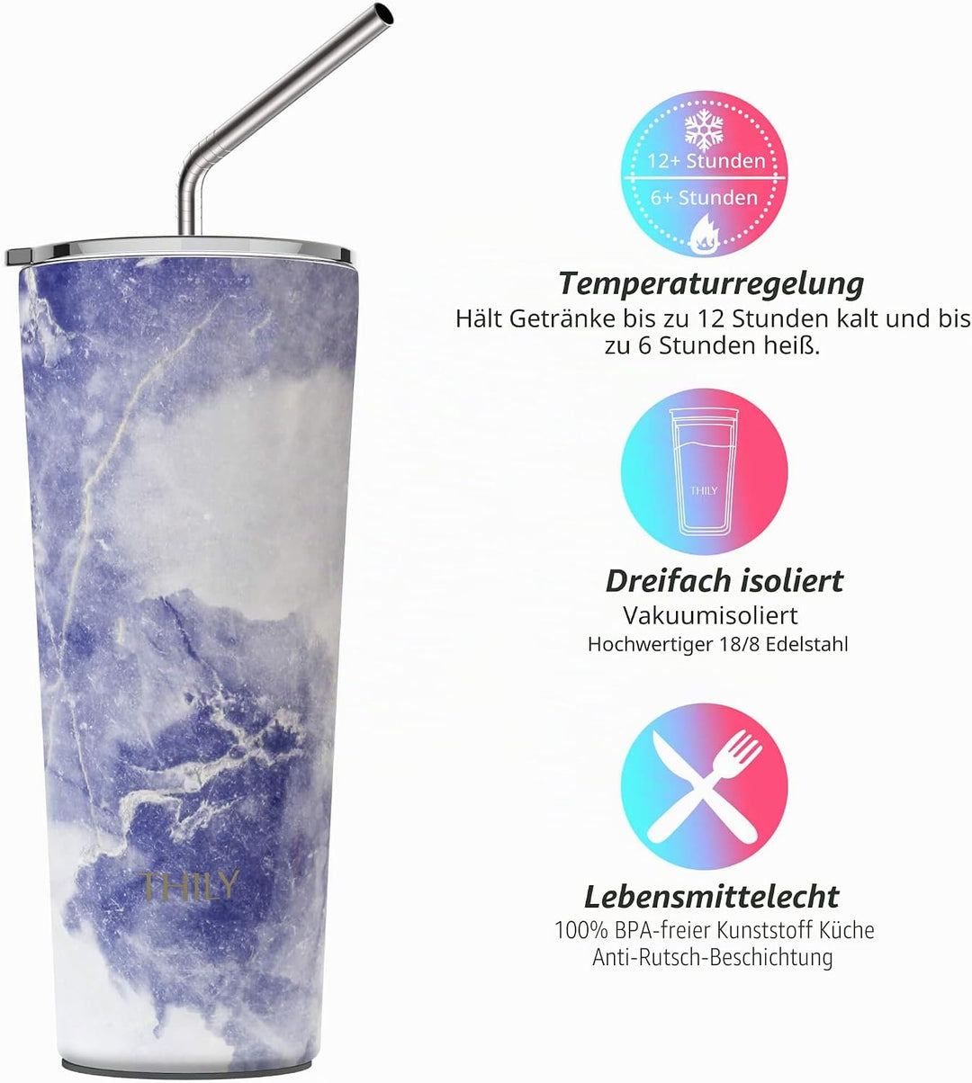 Thily Thermobecher aus Edelstahl, vakuumisoliert, 780ml, Kaffeetasse mit 2 Deckeln und Strohhalmen,