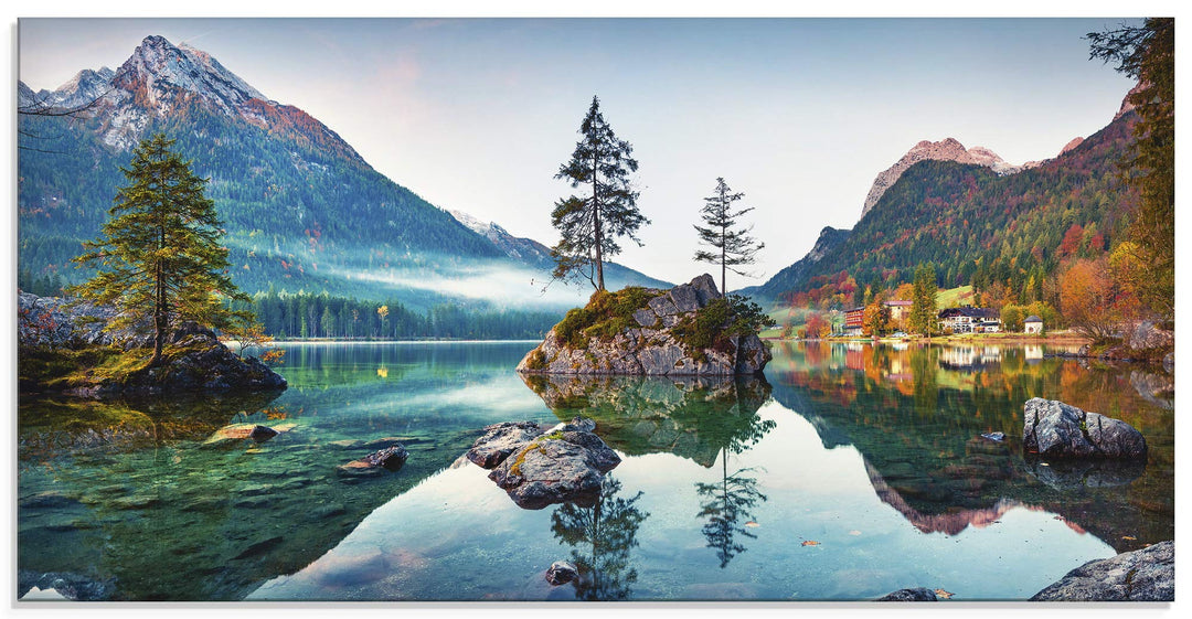 Glasbilder Wandbild Glas Bild einteilig 60x30 cm Querformat Landschaft Alpen Berge See Wald Natur Ge