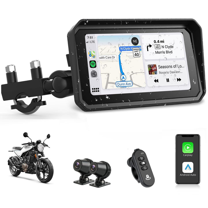 Jansite 4K Motorrad CarPlay Android Auto 6,25 Zoll Motorrad Navi mit Dashcam Vorne Hinten, IP67 Wass