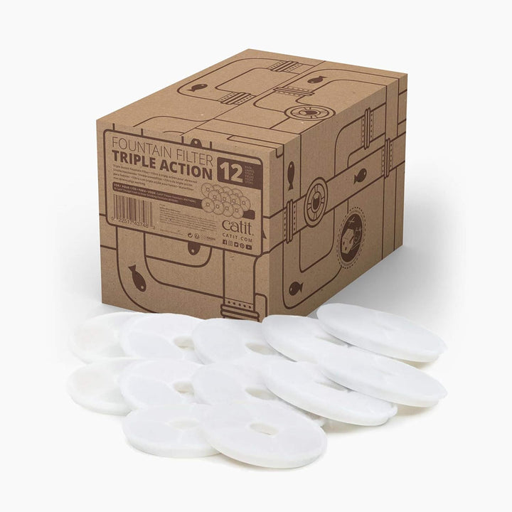 Catit Triple Action Filter, 3fach wirksamer Ersatzfilter, Trinkbrunnenfilter, 12er Pack & Silikonmat