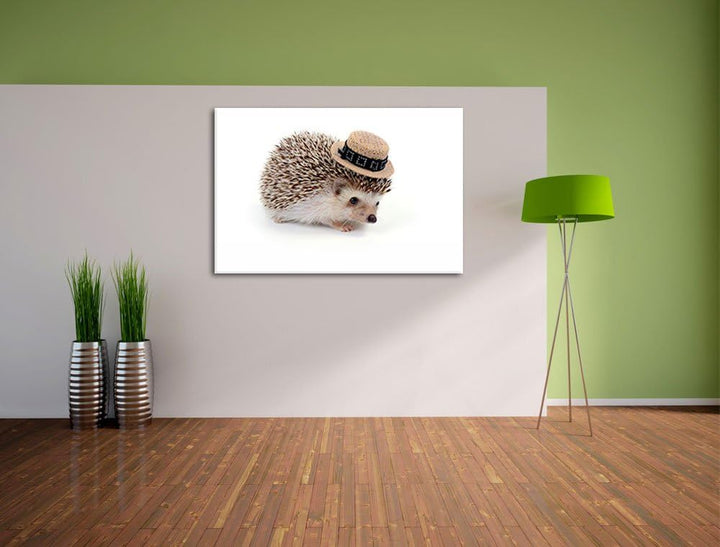 Lustiger Igel mit Hut Format: 100x70 auf Leinwand, XXL riesige Bilder fertig gerahmt mit Keilrahmen,