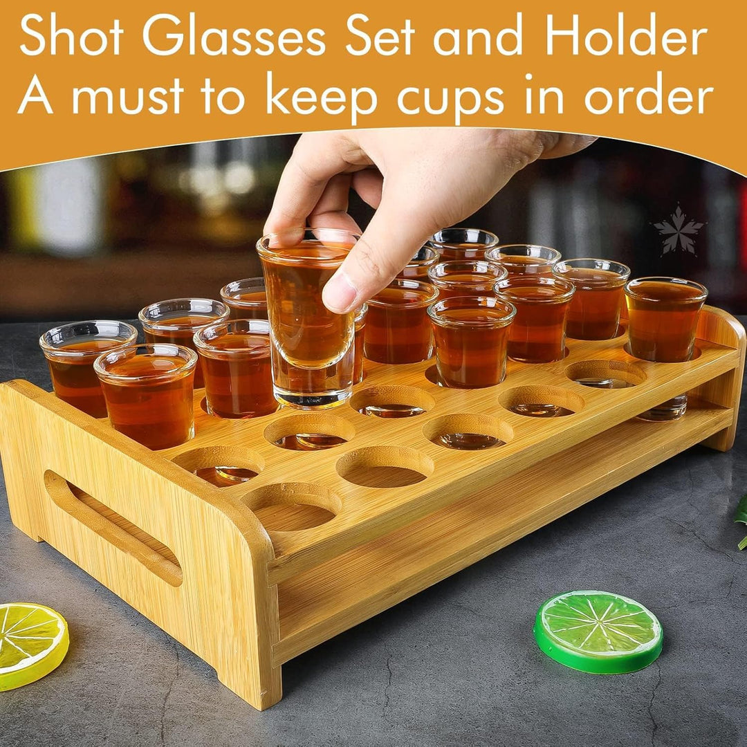 Schnapsglas-Set, 24 Stück, 30 ml, Schnapsglas-Halter, dicker Boden, klares Glas für Party, Club, Bar