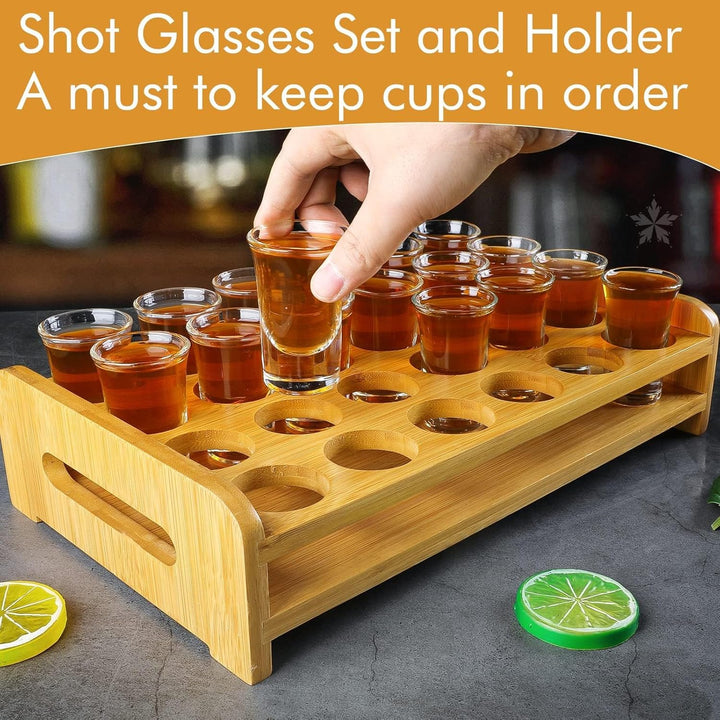 Schnapsglas-Set, 24 Stück, 30 ml, Schnapsglas-Halter, dicker Boden, klares Glas für Party, Club, Bar