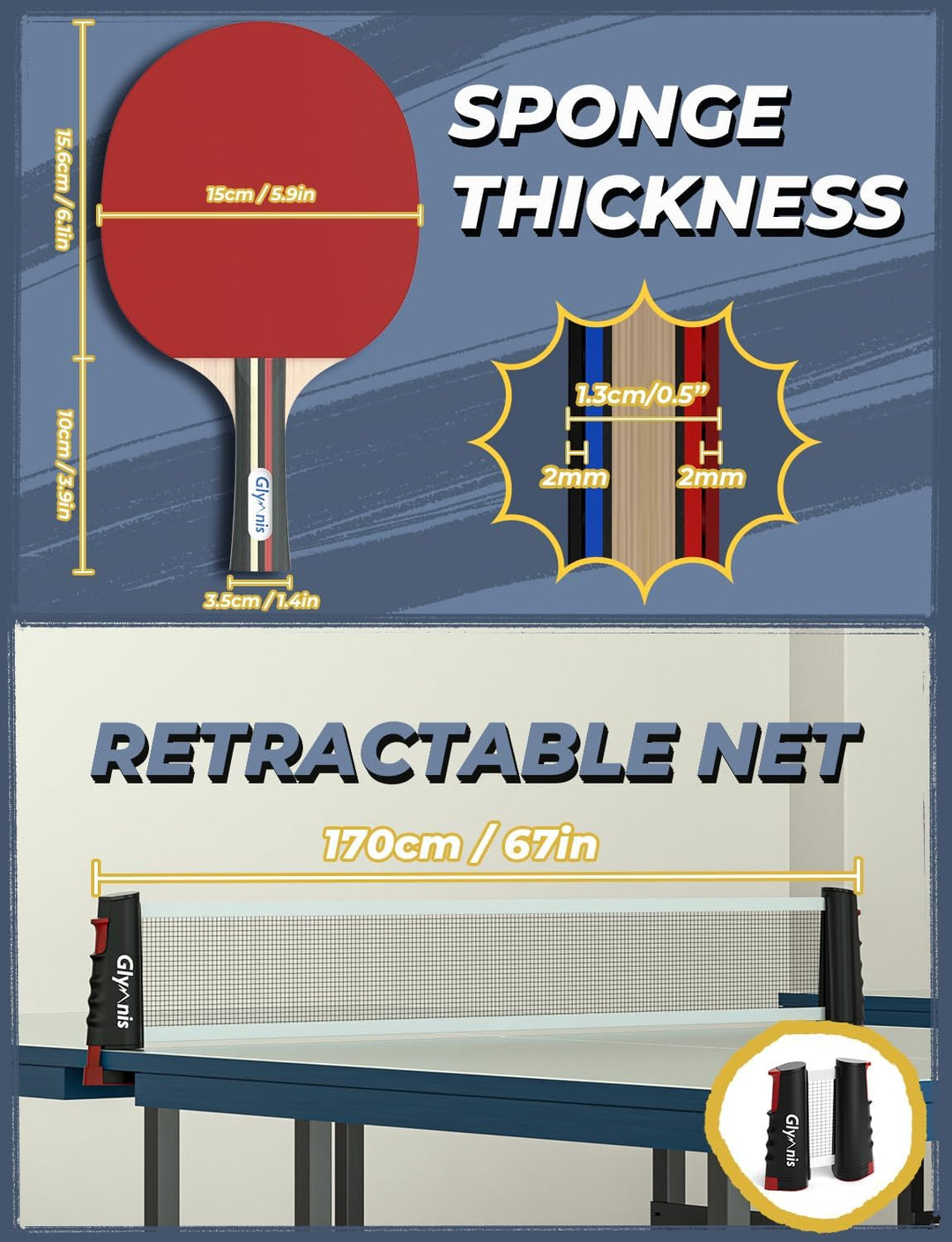 Glymnis Tischtennis-Set Tragbares Ping Pong Bälle Set für Indoor Outdoor Spiel Tischtennis-Training